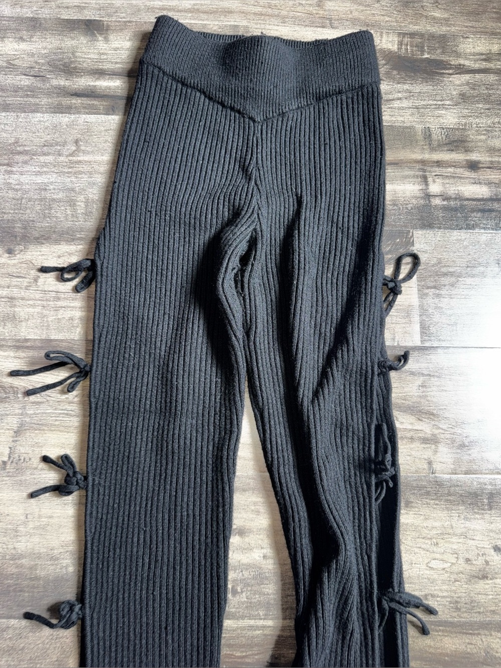 Maniere De Voir Ribbed Knit Lace-Up Side-Tie Flare Pants Black Sz S Coquette - Picture 2 of 13
